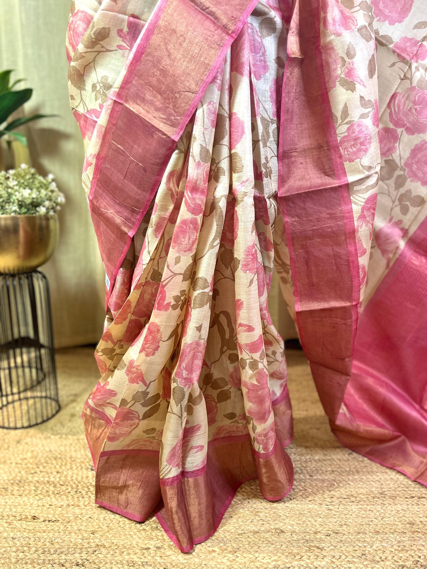 English Rose | Blockprinted Tussar Silk Saree