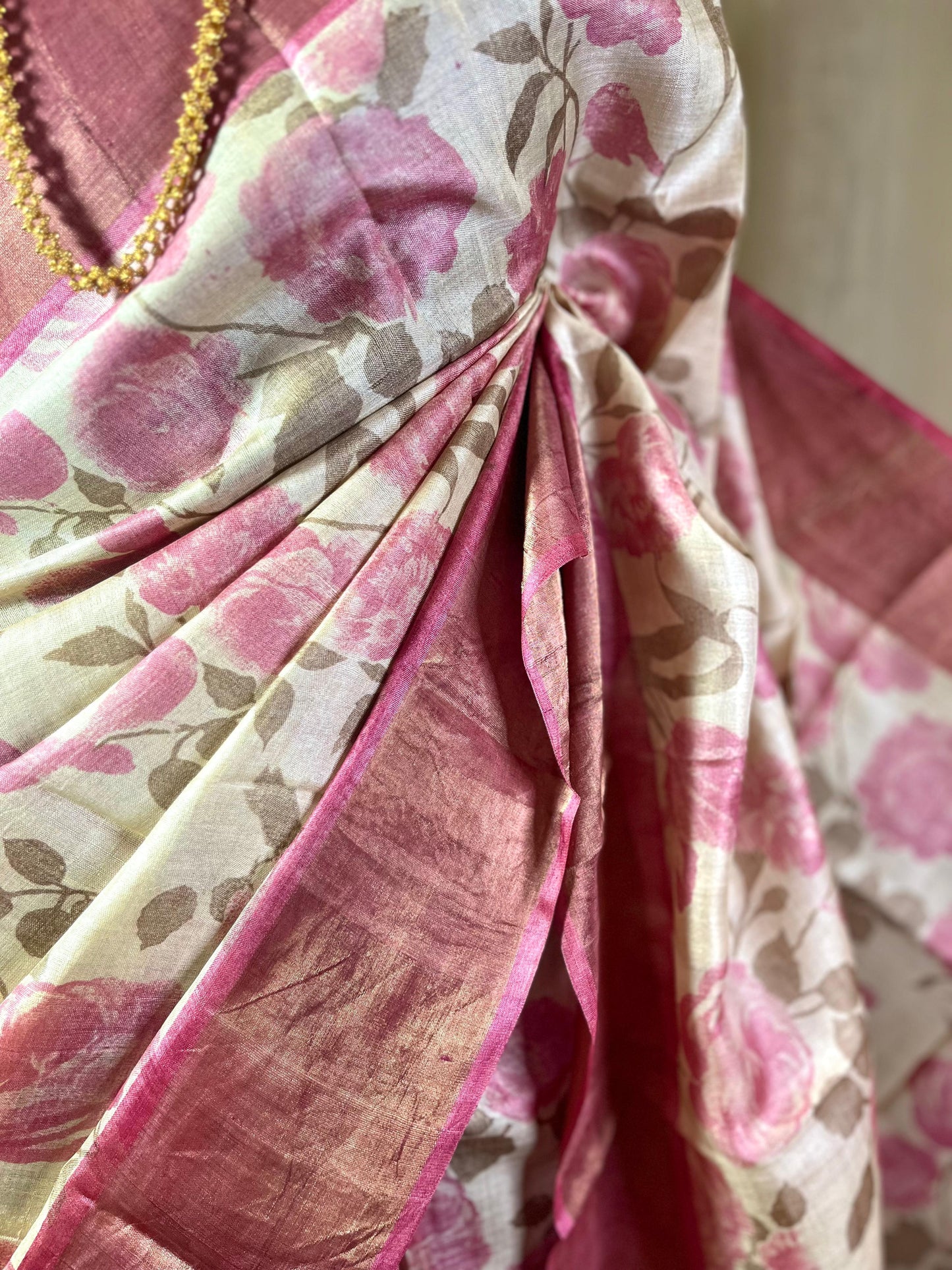 English Rose | Blockprinted Tussar Silk Saree
