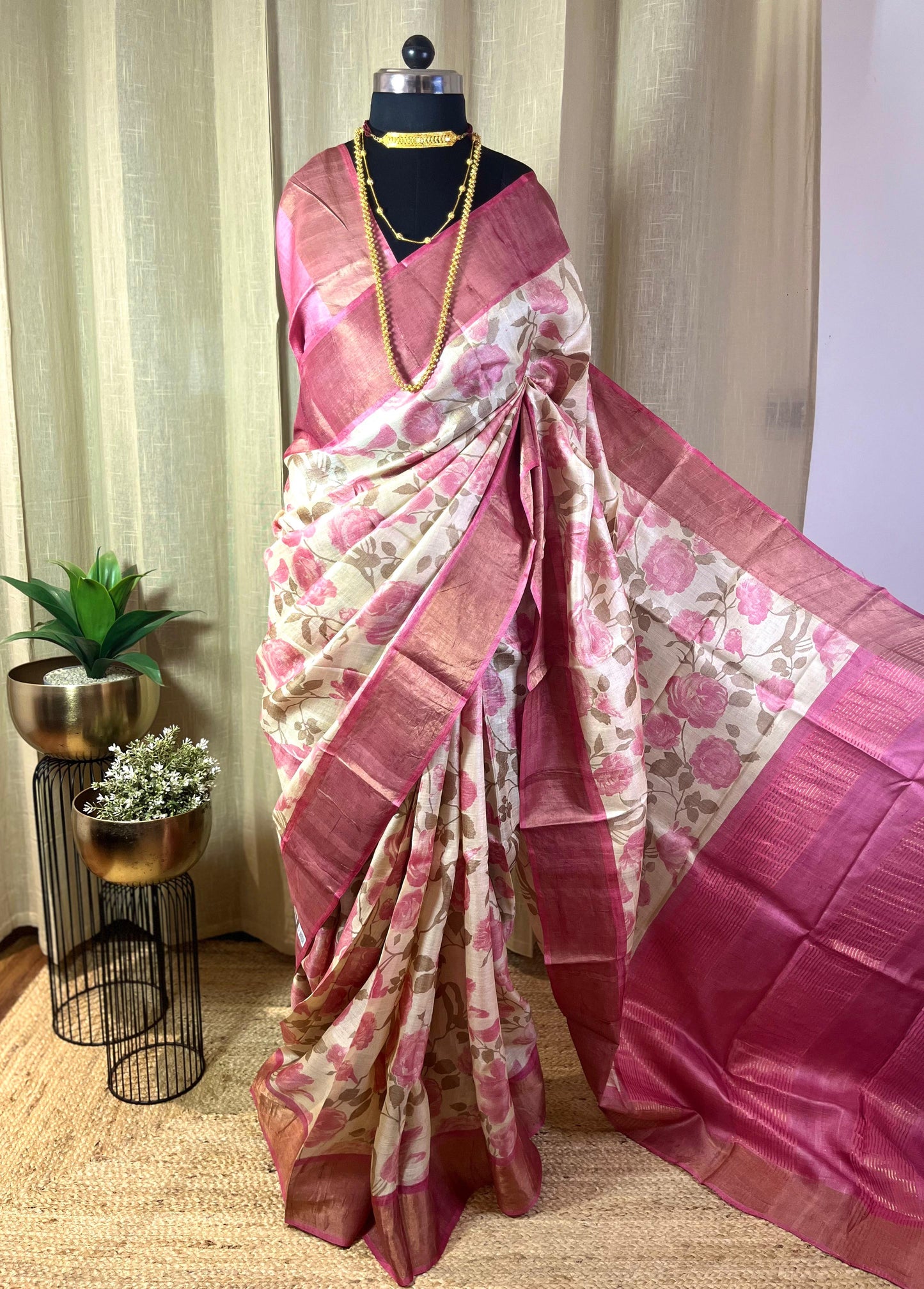 English Rose | Blockprinted Tussar Silk Saree