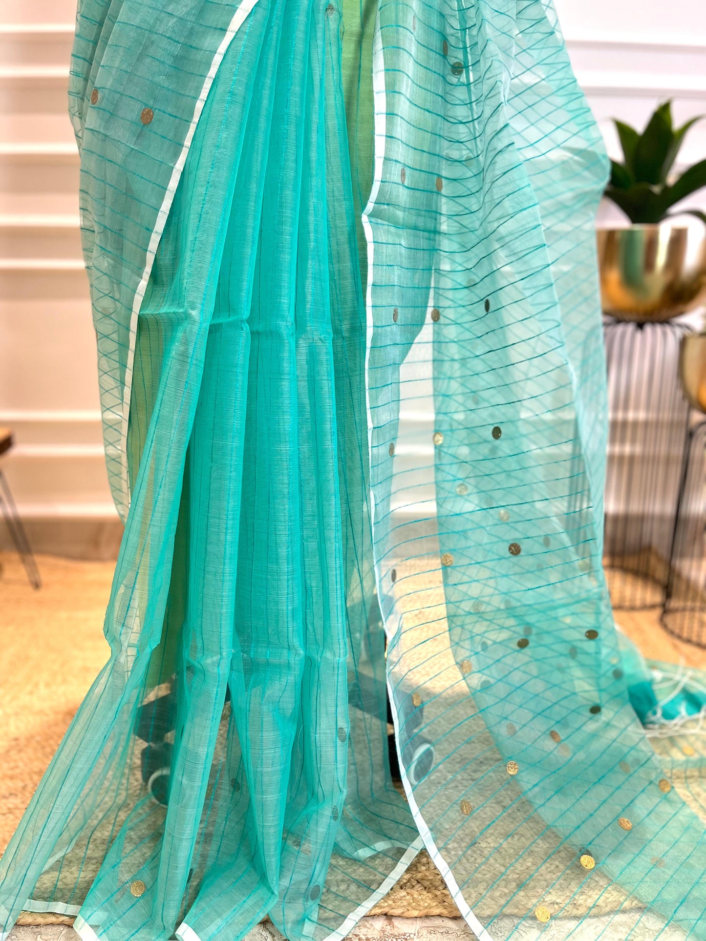 Green Coins & Stripes | Muslin Silk Saree