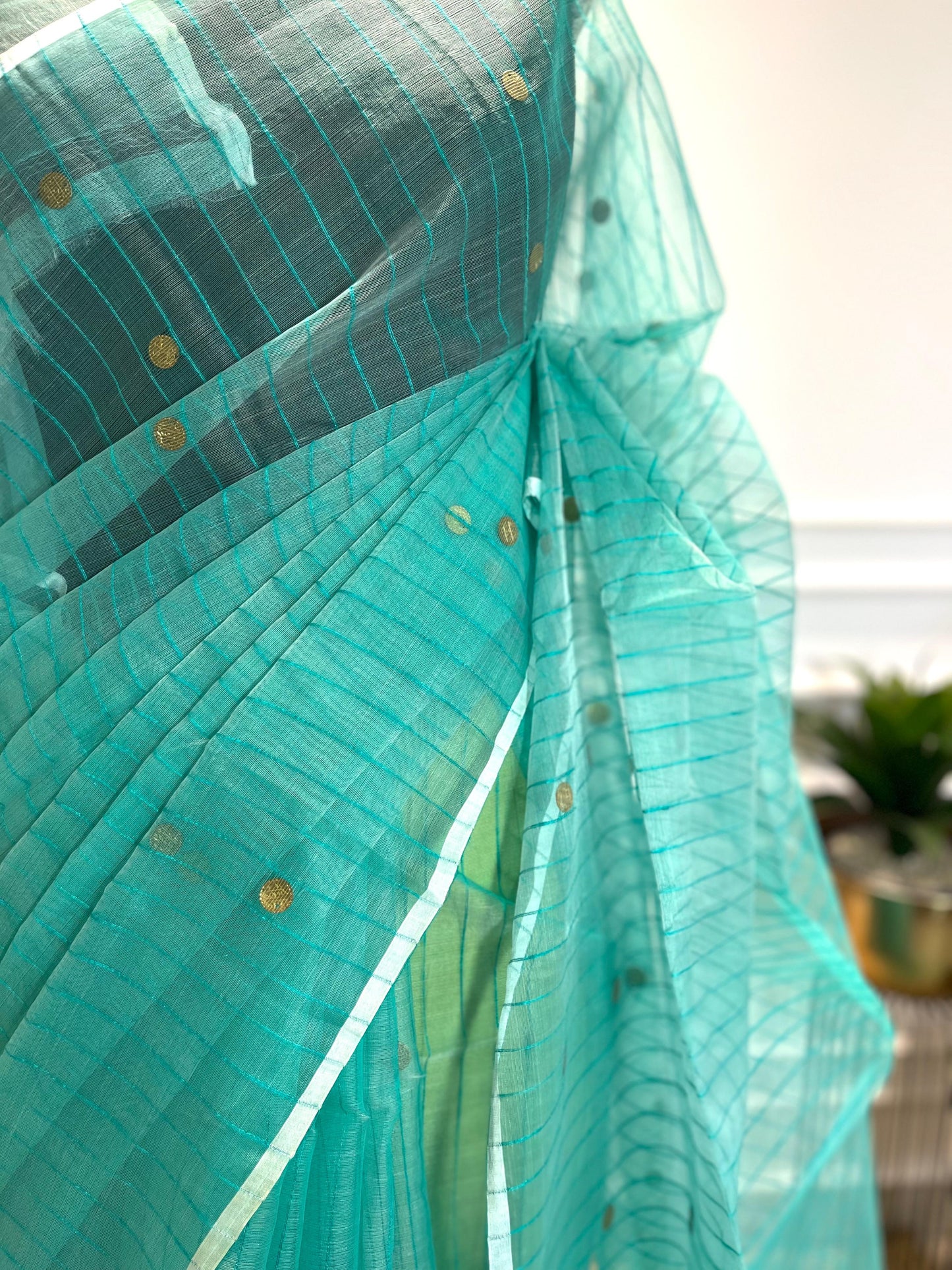 Green Coins & Stripes | Muslin Silk Saree