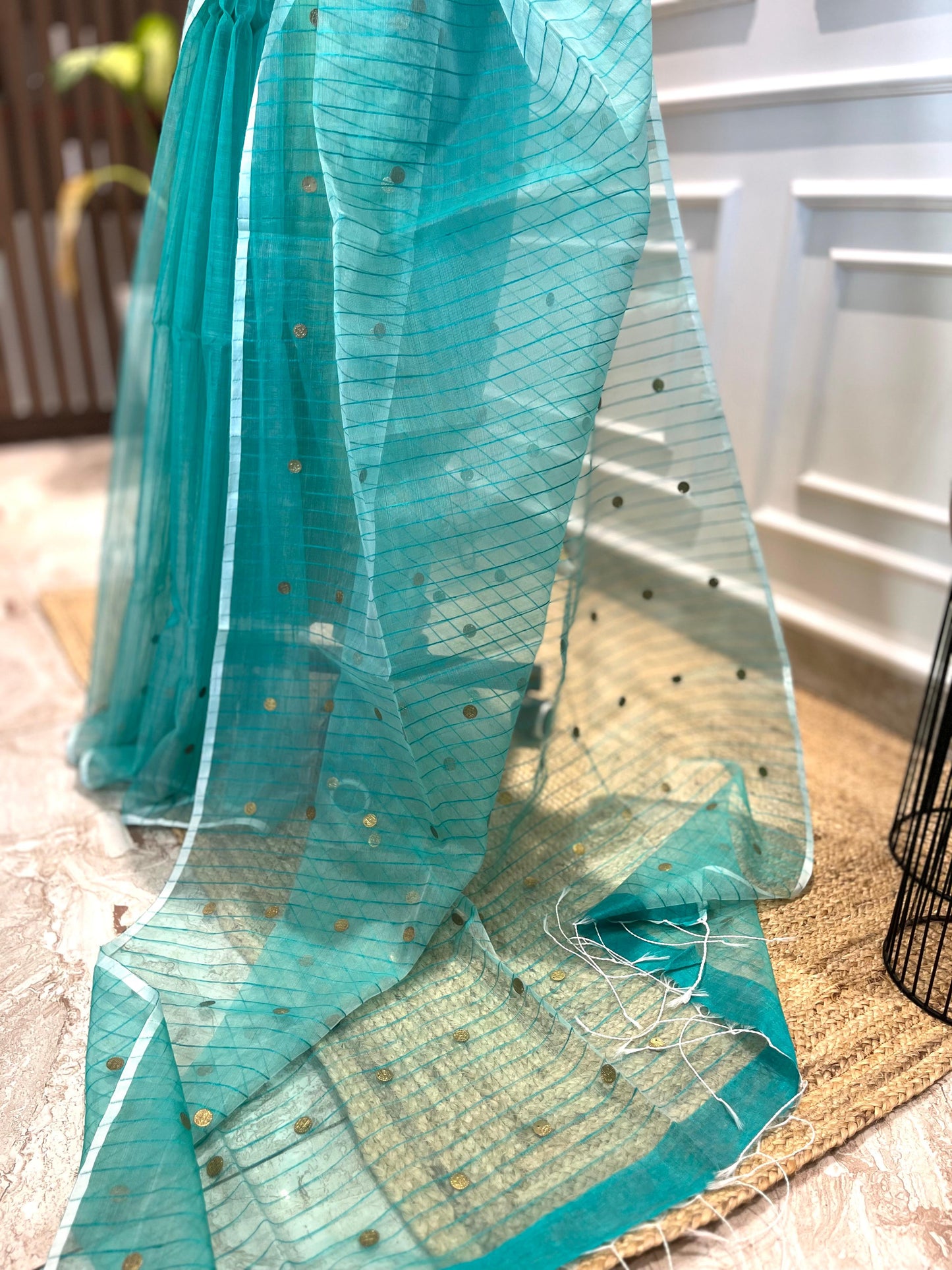 Green Coins & Stripes | Muslin Silk Saree