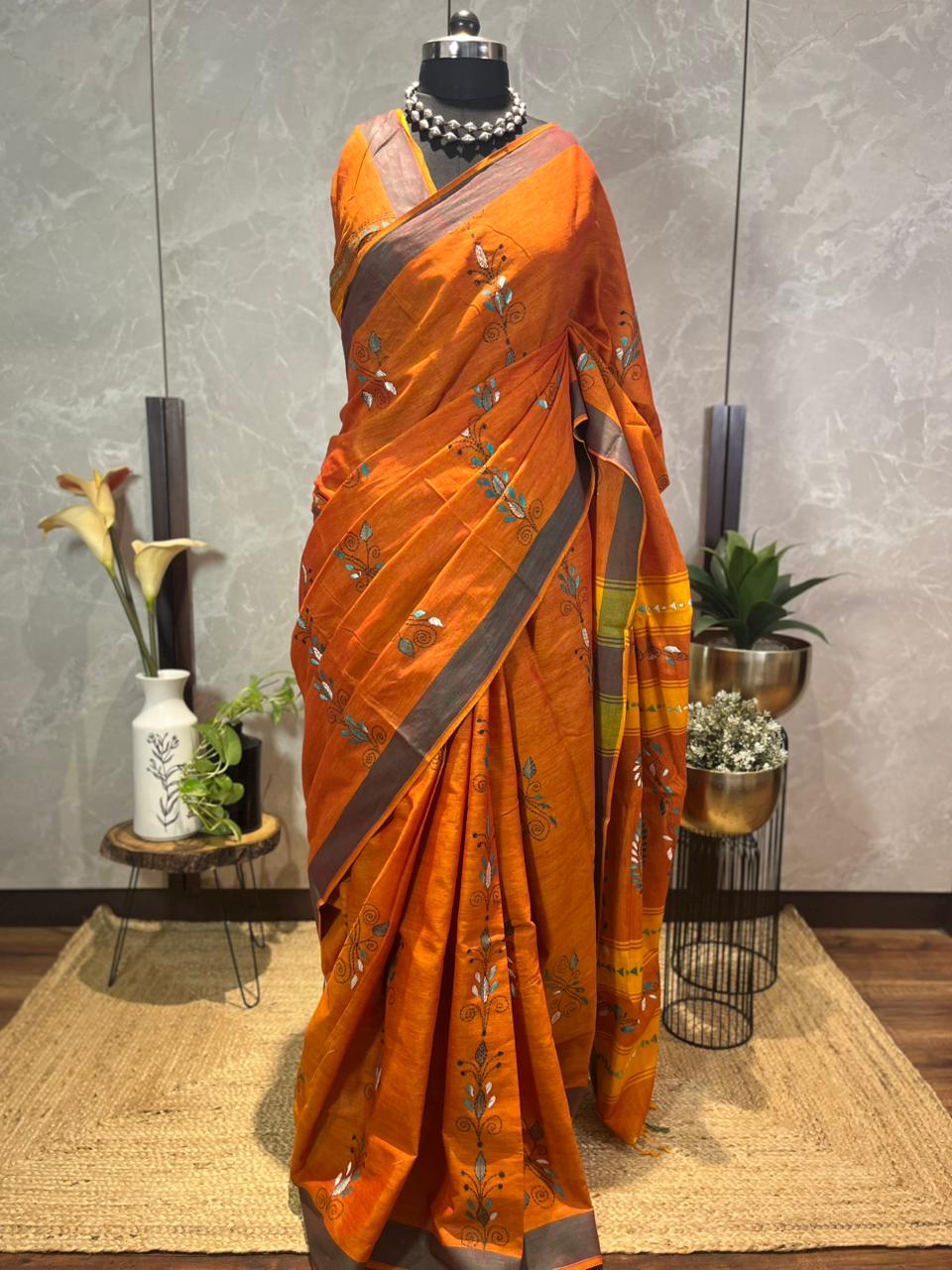 Terracotta Twist | Cotton Kantha Stitch Saree
