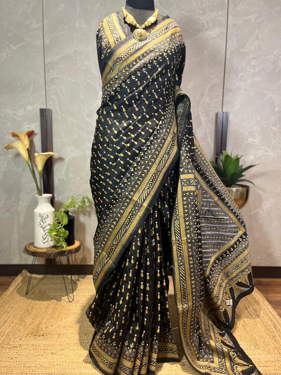 Raindrops in a Black Sky | Silk Kantha Stitch Saree