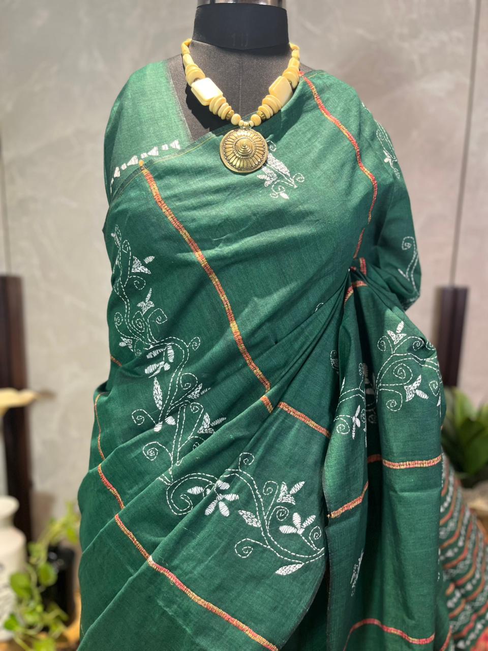 Hariyali | Cotton Kantha Stitch Saree
