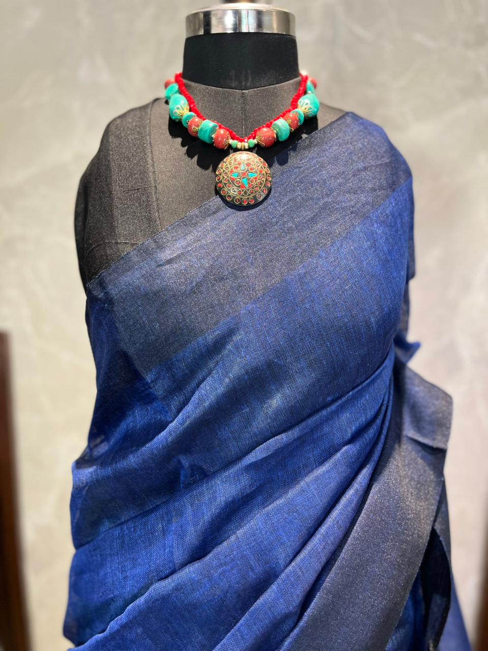 Jungle Sapphire | Pure Linen Saree