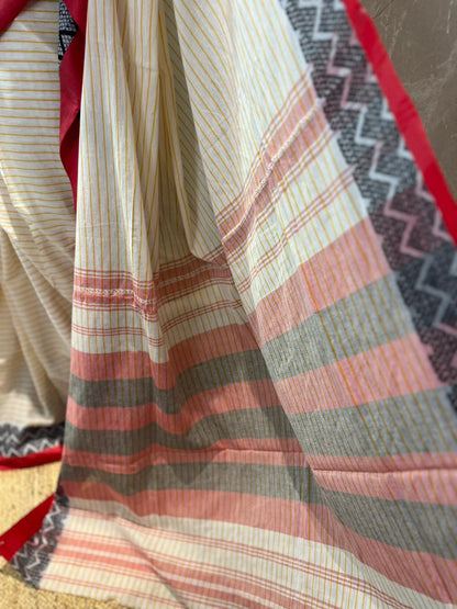 Cream Zag | Handloom Cotton Saree