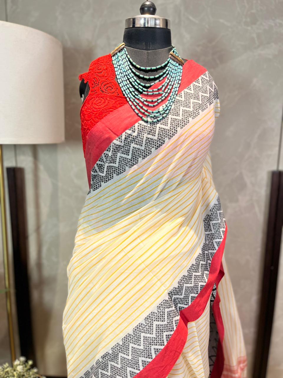 Cream Zag | Handloom Cotton Saree
