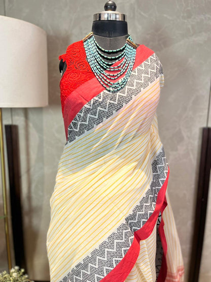 Cream Zag | Handloom Cotton Saree
