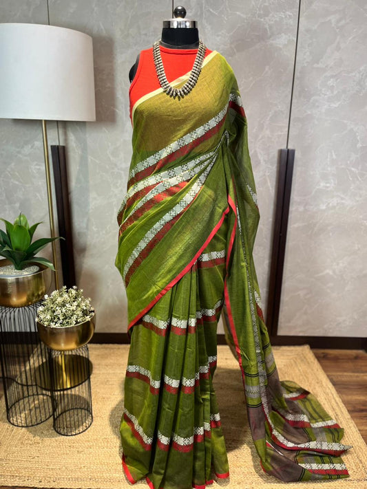 Green Box n Stripes | Handloom Cotton Saree