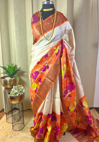 Orange Blossom | Blockprinted Tussar Silk Saree