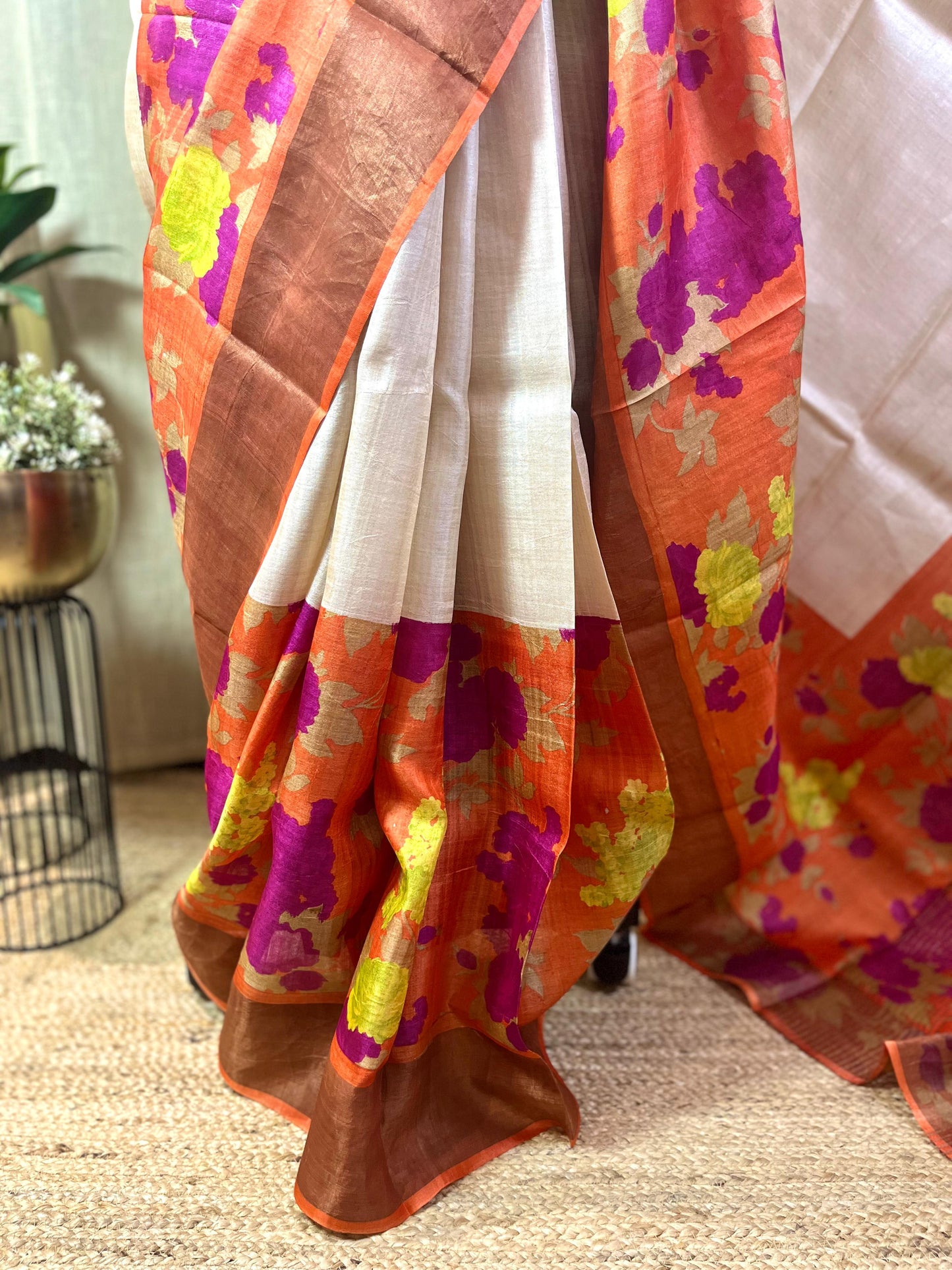 Orange Blossom | Blockprinted Tussar Silk Saree