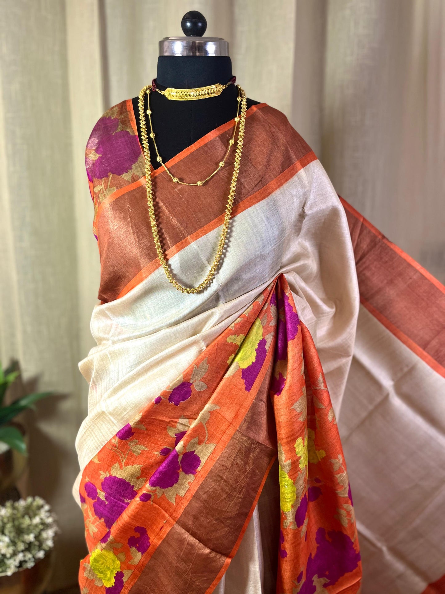 Orange Blossom | Blockprinted Tussar Silk Saree