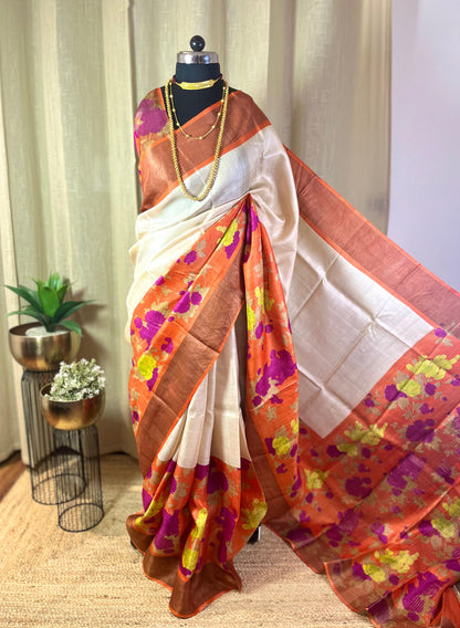 Orange Blossom | Blockprinted Tussar Silk Saree