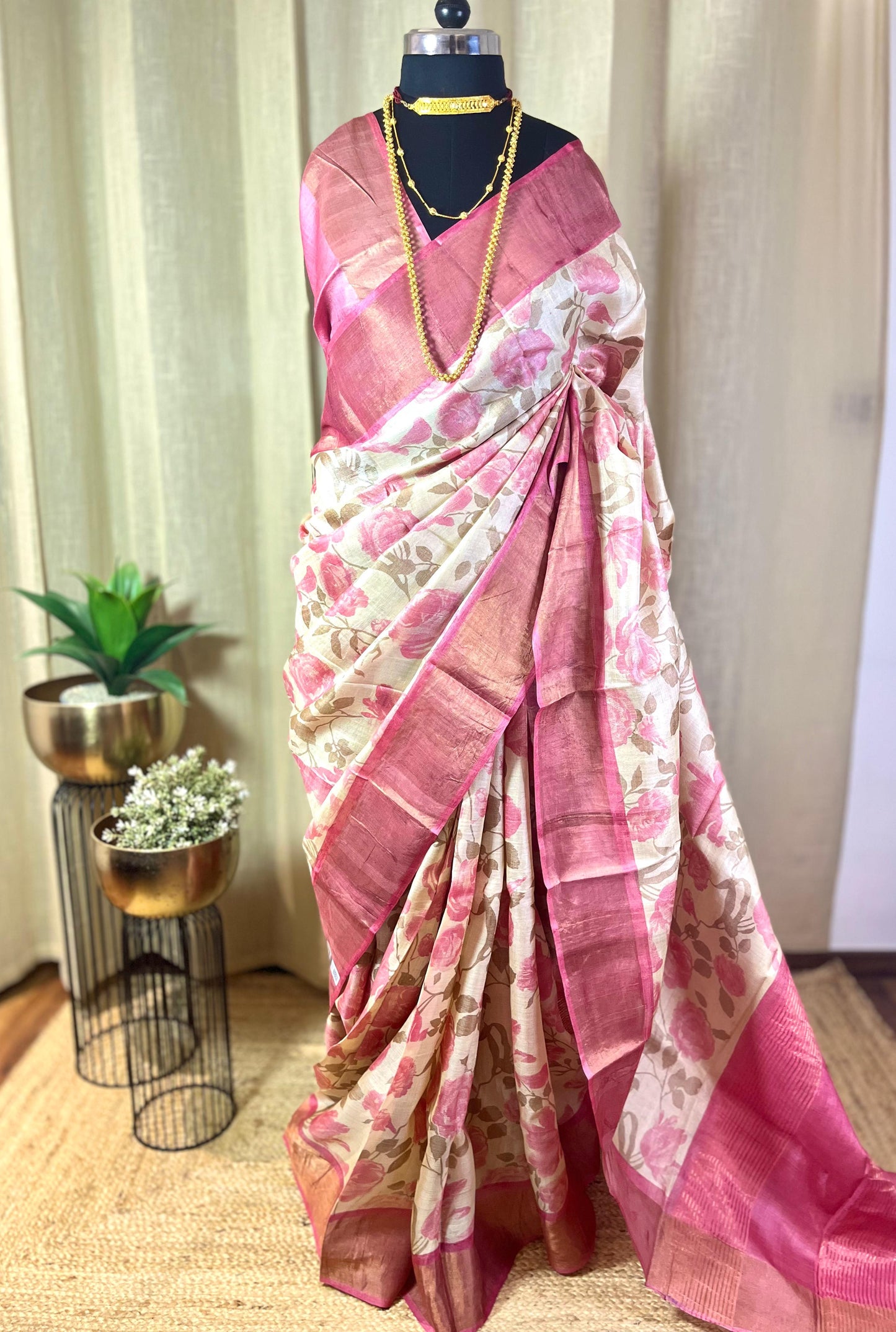 English Rose | Blockprinted Tussar Silk Saree