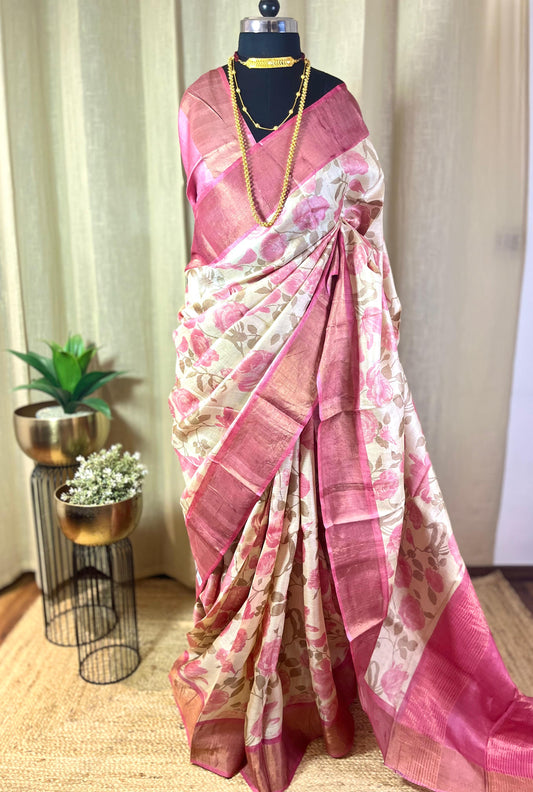 English Rose | Blockprinted Tussar Silk Saree