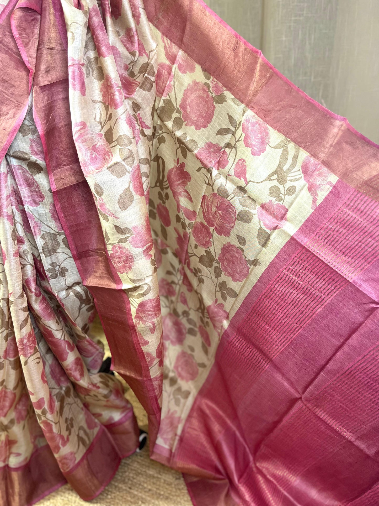English Rose | Blockprinted Tussar Silk Saree