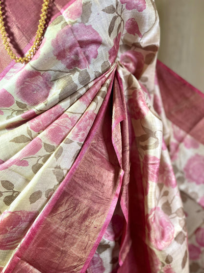 English Rose | Blockprinted Tussar Silk Saree