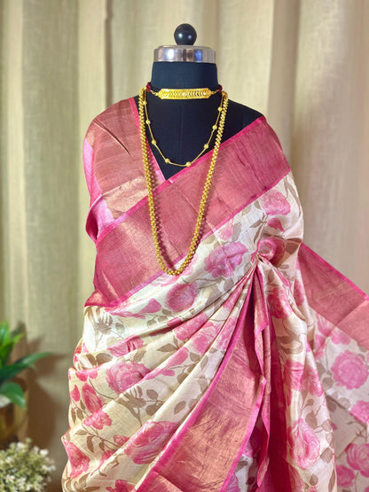 English Rose | Blockprinted Tussar Silk Saree