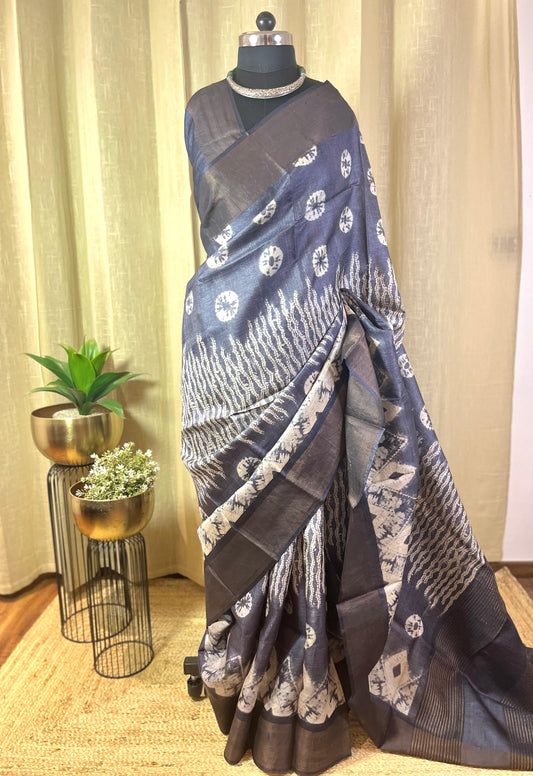 Shiboried | Blockprinted Tussar Silk Saree