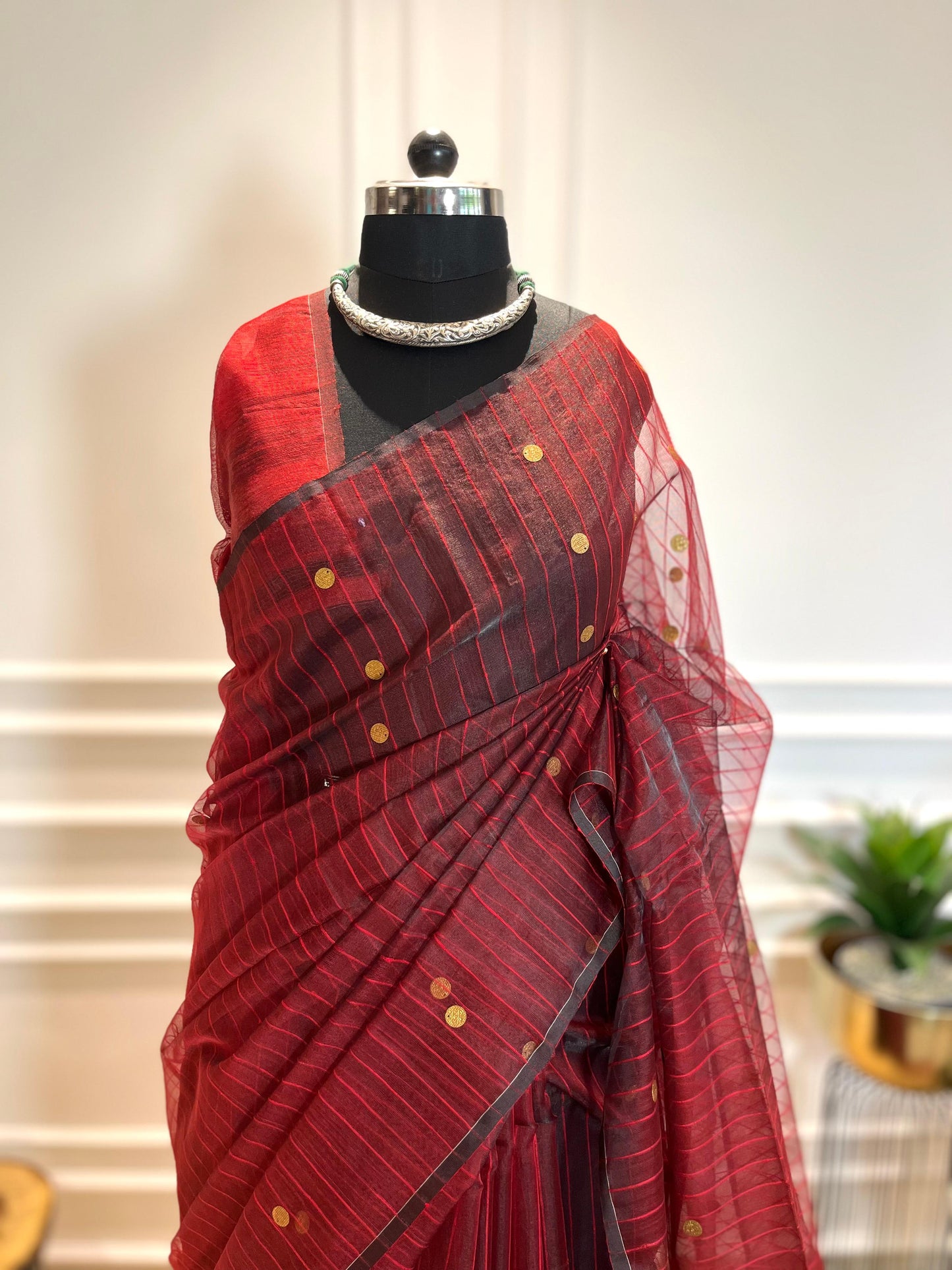 Maroon Coins & Stripes | Muslin Silk Saree