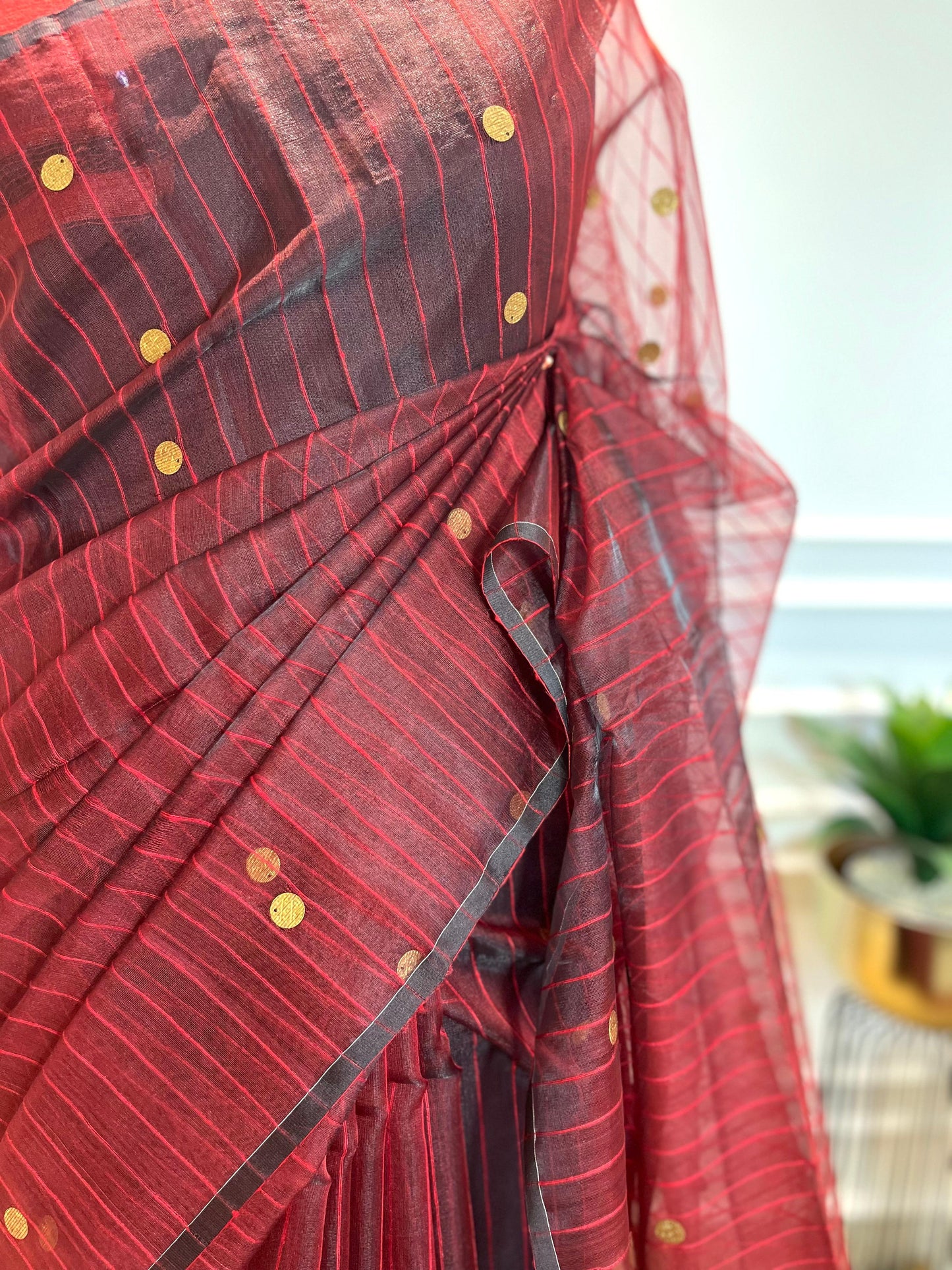 Maroon Coins & Stripes | Muslin Silk Saree