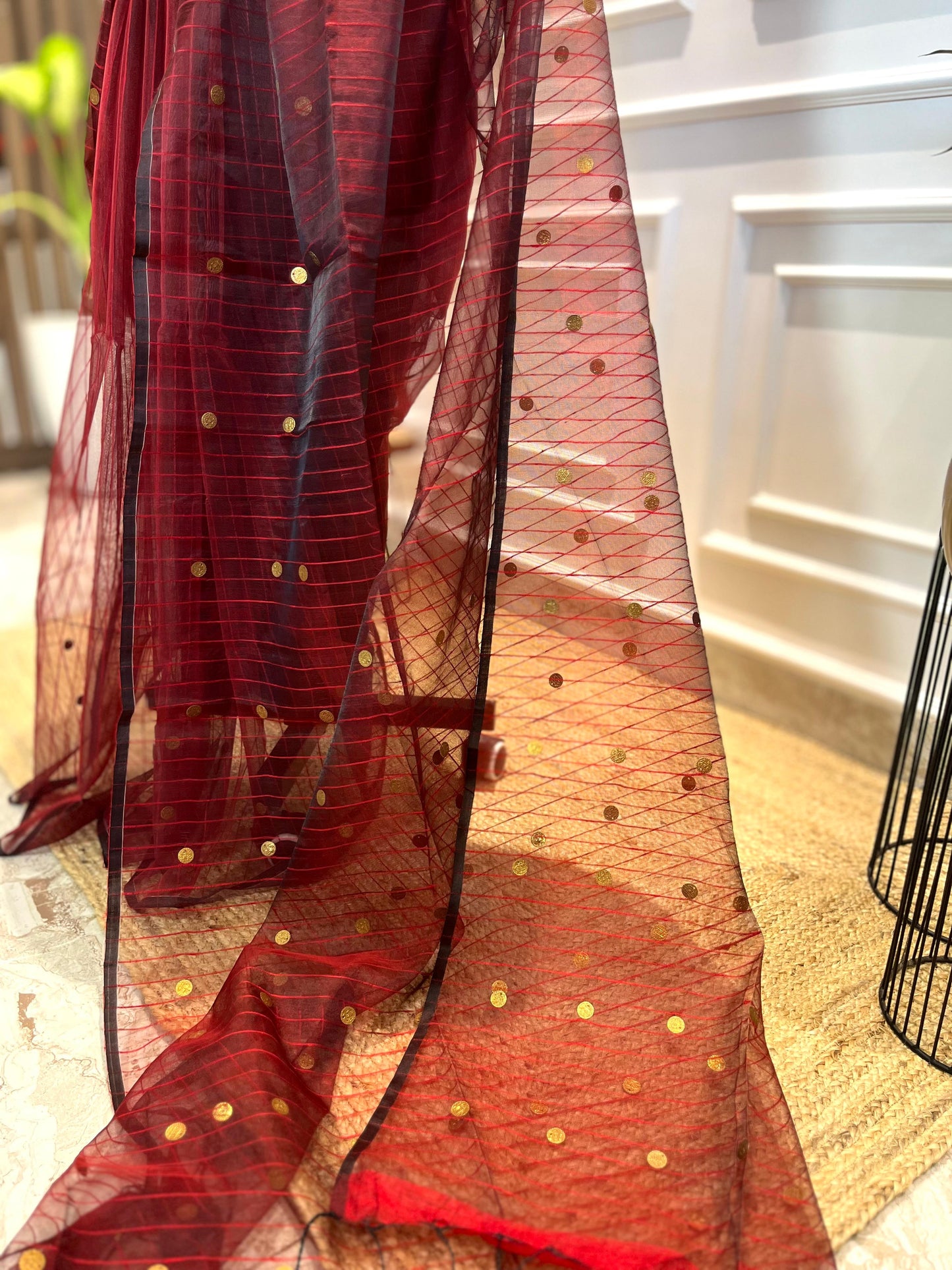Maroon Coins & Stripes | Muslin Silk Saree