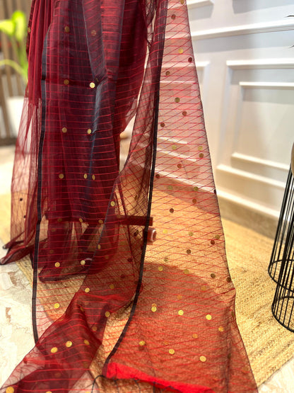 Maroon Coins & Stripes | Muslin Silk Saree