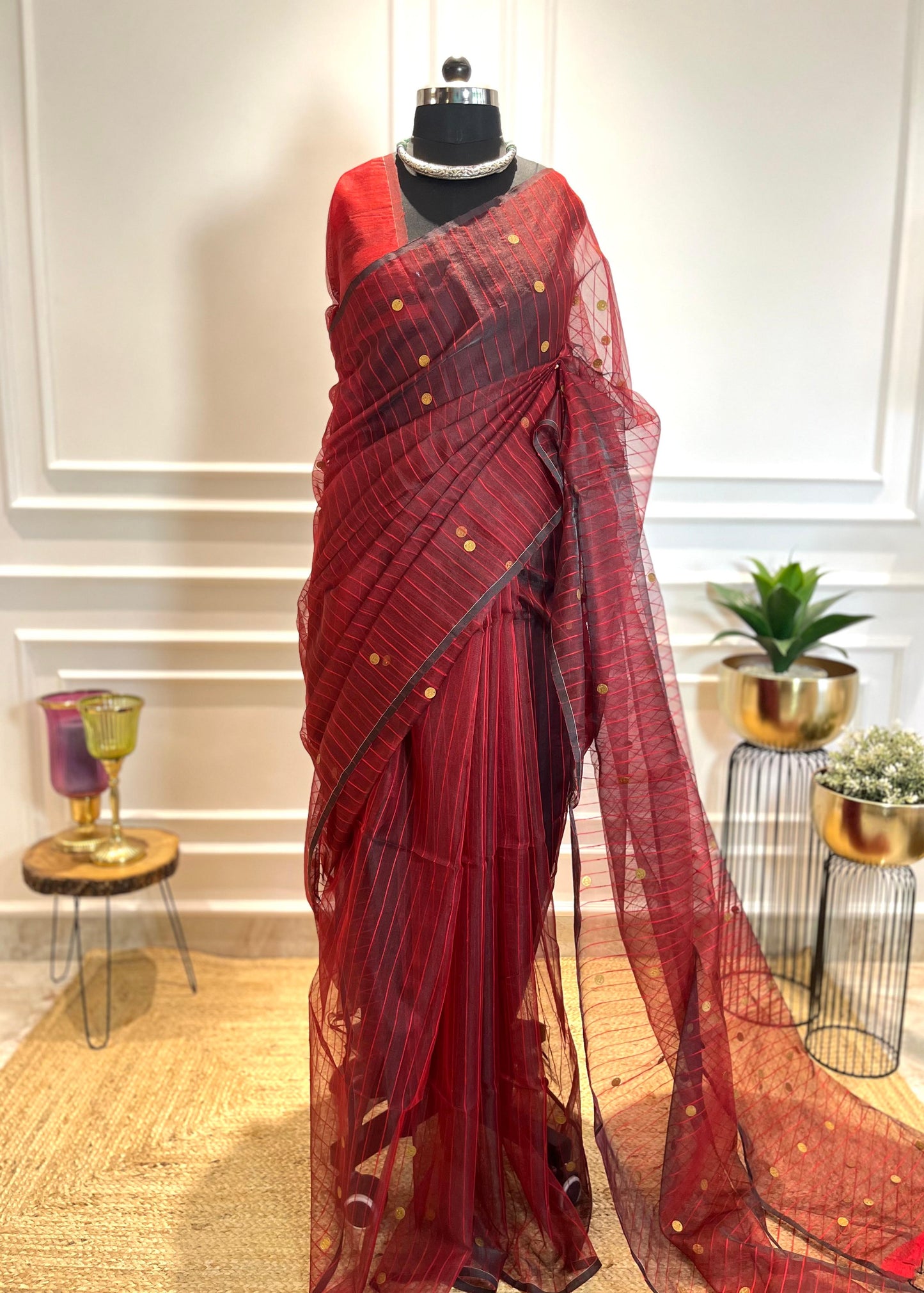 Maroon Coins & Stripes | Muslin Silk Saree