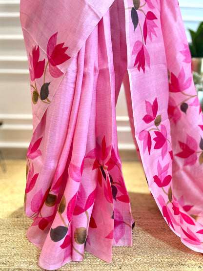 Pink Petals | Handpainted Silk Saree