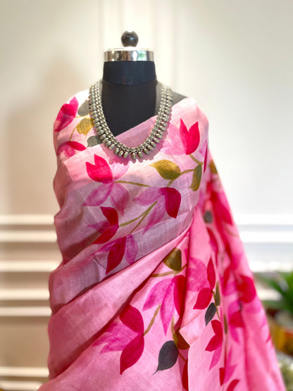 Pink Petals | Handpainted Silk Saree