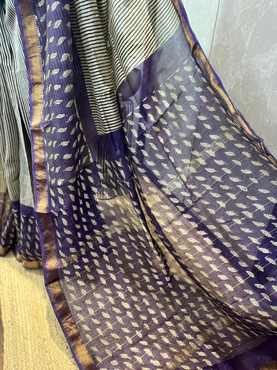 Leafy Stripes | Handblock Printed Maheshwari Silk Saree