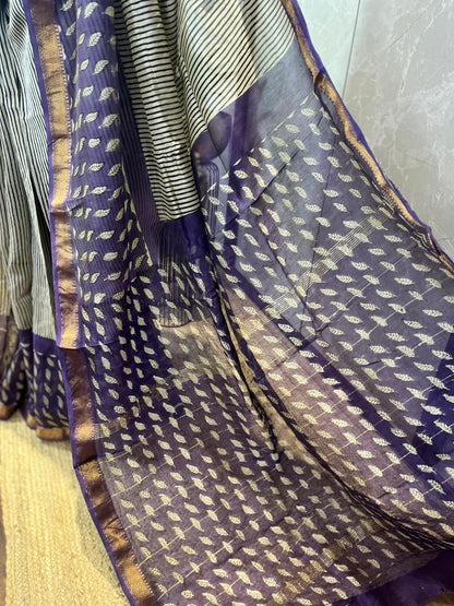 Leafy Stripes | Handblock Printed Maheshwari Silk Saree