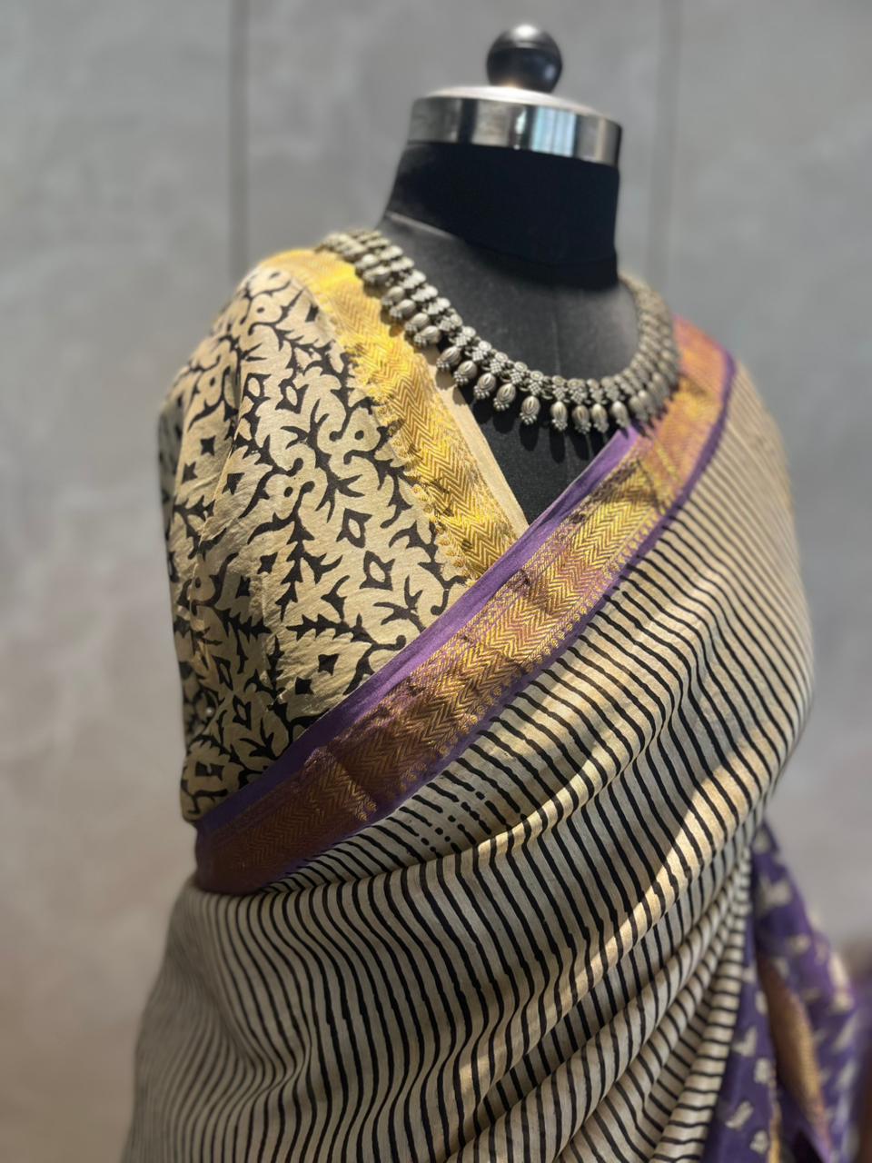Leafy Stripes | Handblock Printed Maheshwari Silk Saree