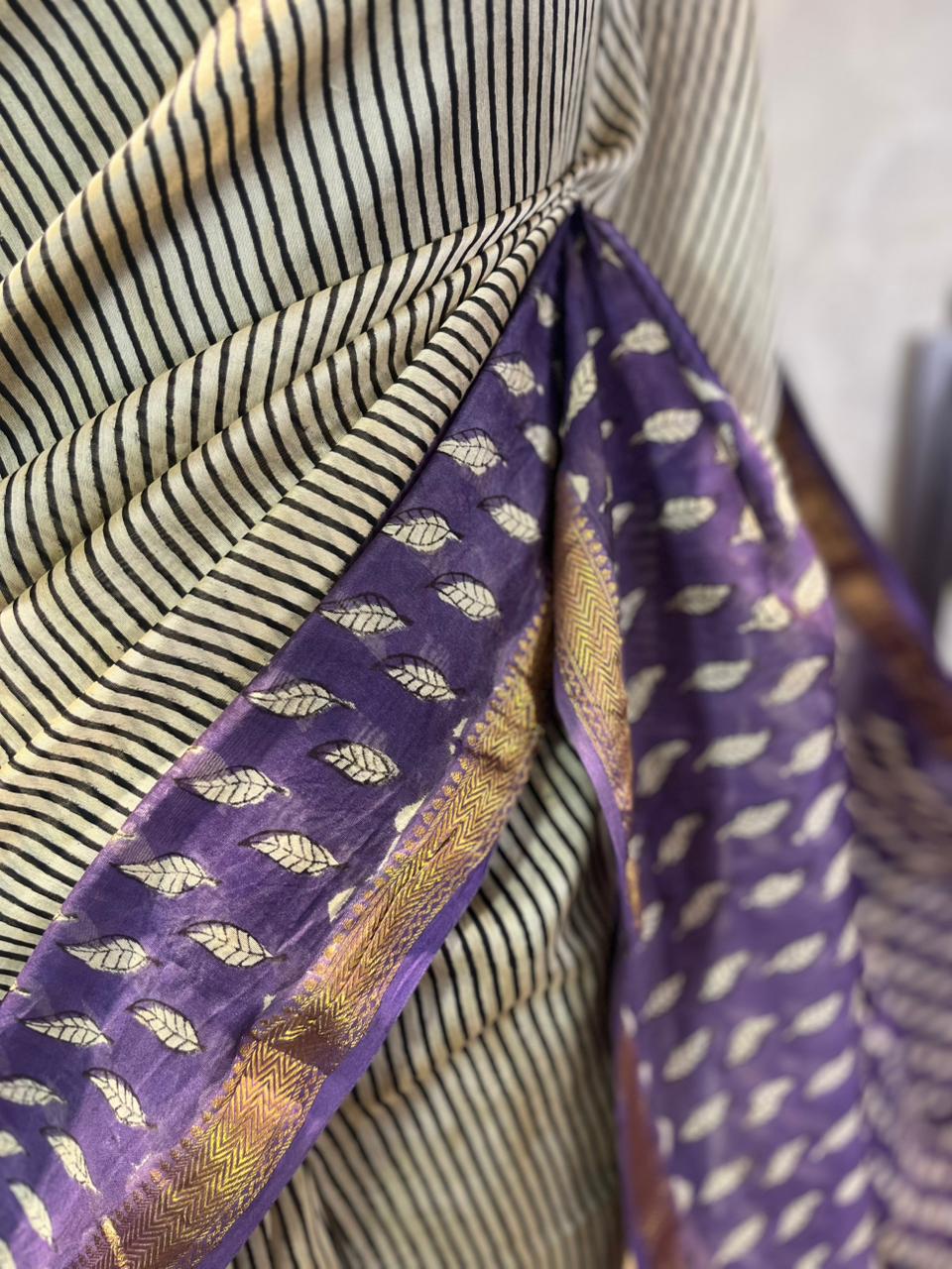 Leafy Stripes | Handblock Printed Maheshwari Silk Saree