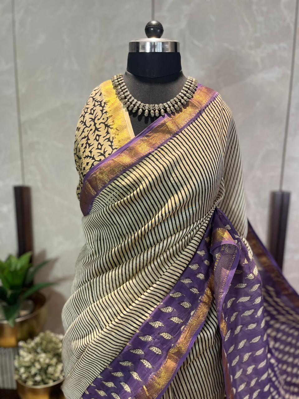 Leafy Stripes | Handblock Printed Maheshwari Silk Saree
