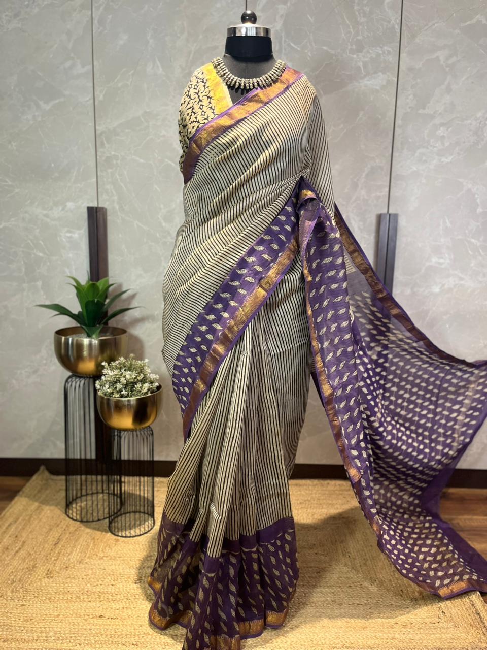 Leafy Stripes | Handblock Printed Maheshwari Silk Saree