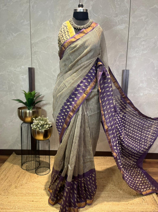 Leafy Stripes | Handblock Printed Maheshwari Silk Saree