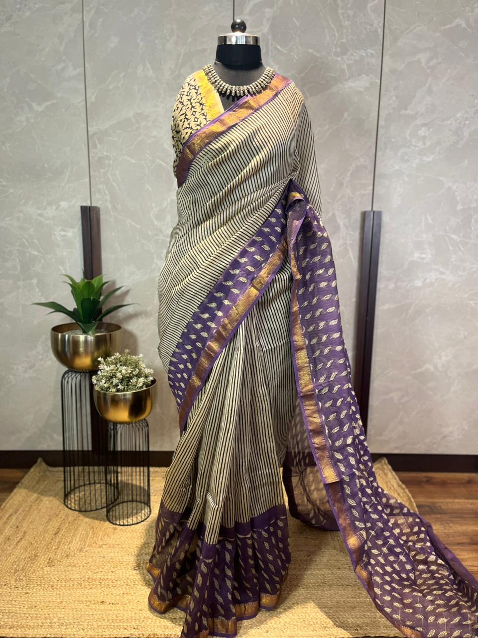 Leafy Stripes | Handblock Printed Maheshwari Silk Saree