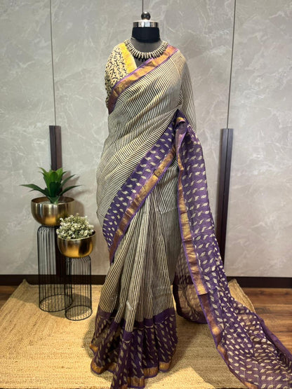 Leafy Stripes | Handblock Printed Maheshwari Silk Saree