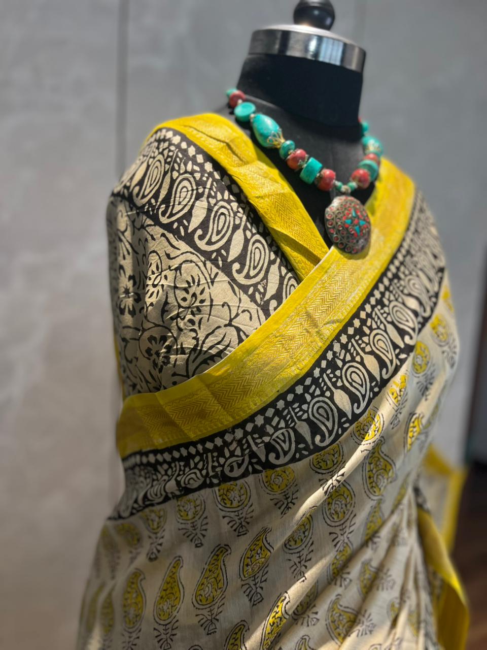 Paisley Rain | Handblock Printed Maheshwari Silk Saree