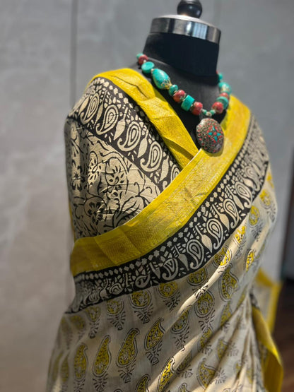 Paisley Rain | Handblock Printed Maheshwari Silk Saree