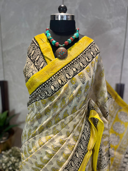 Paisley Rain | Handblock Printed Maheshwari Silk Saree