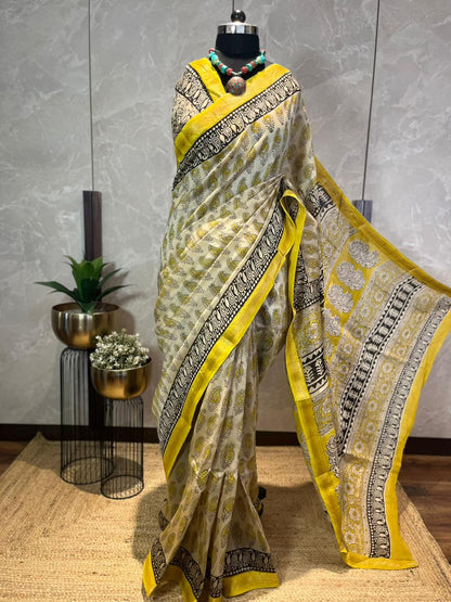 Paisley Rain | Handblock Printed Maheshwari Silk Saree