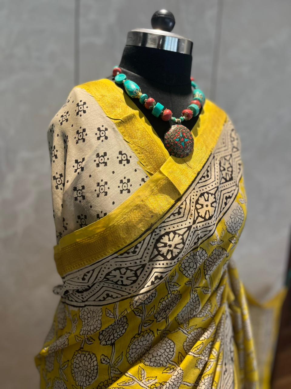 Phoolon ki Chaadar | Handblock Printed Maheshwari Silk Saree