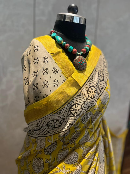 Phoolon ki Chaadar | Handblock Printed Maheshwari Silk Saree