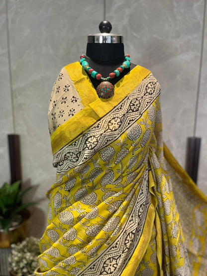 Phoolon ki Chaadar | Handblock Printed Maheshwari Silk Saree