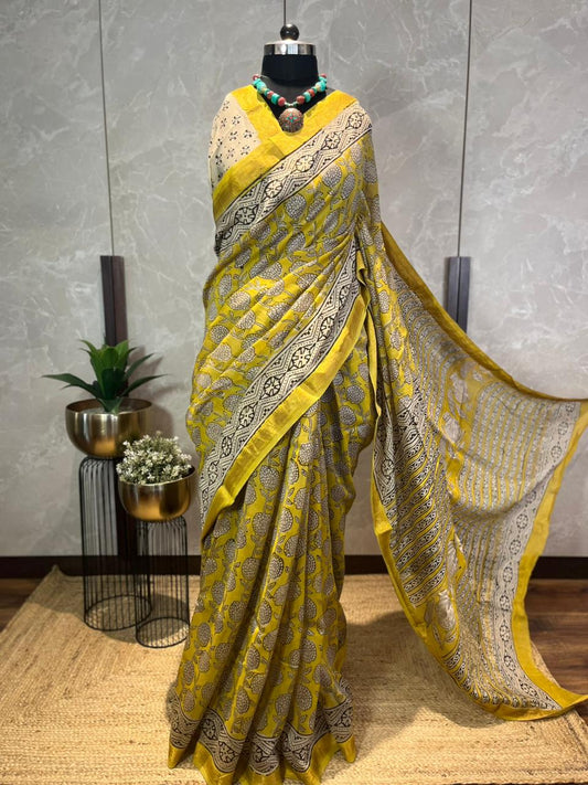 Phoolon ki Chaadar | Handblock Printed Maheshwari Silk Saree