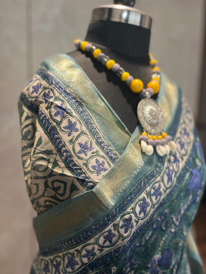 Neeli Shaakhaein | Handblock Printed Maheshwari Silk Saree