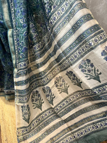 Neeli Shaakhaein | Handblock Printed Maheshwari Silk Saree